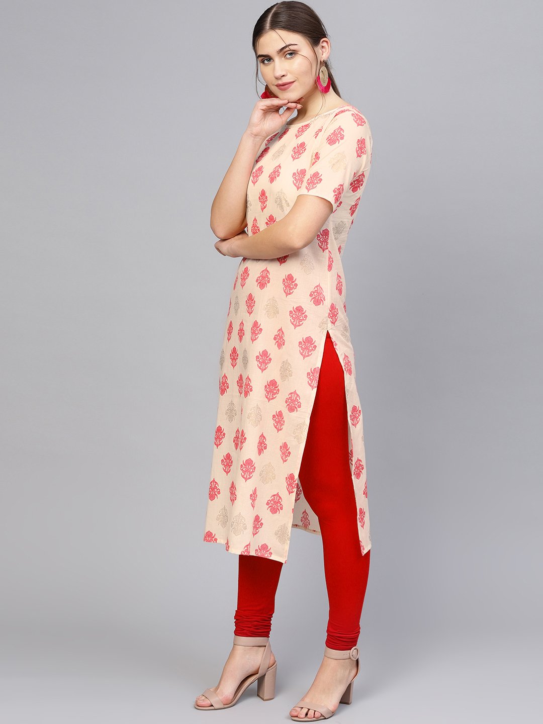 Women Cream-Coloured & Pink Printed Straight Kurta | NOZ2TOZ - Made In INDIA.