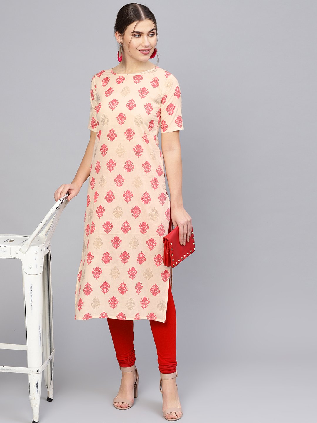 Women Cream-Coloured & Pink Printed Straight Kurta | NOZ2TOZ - Made In INDIA.