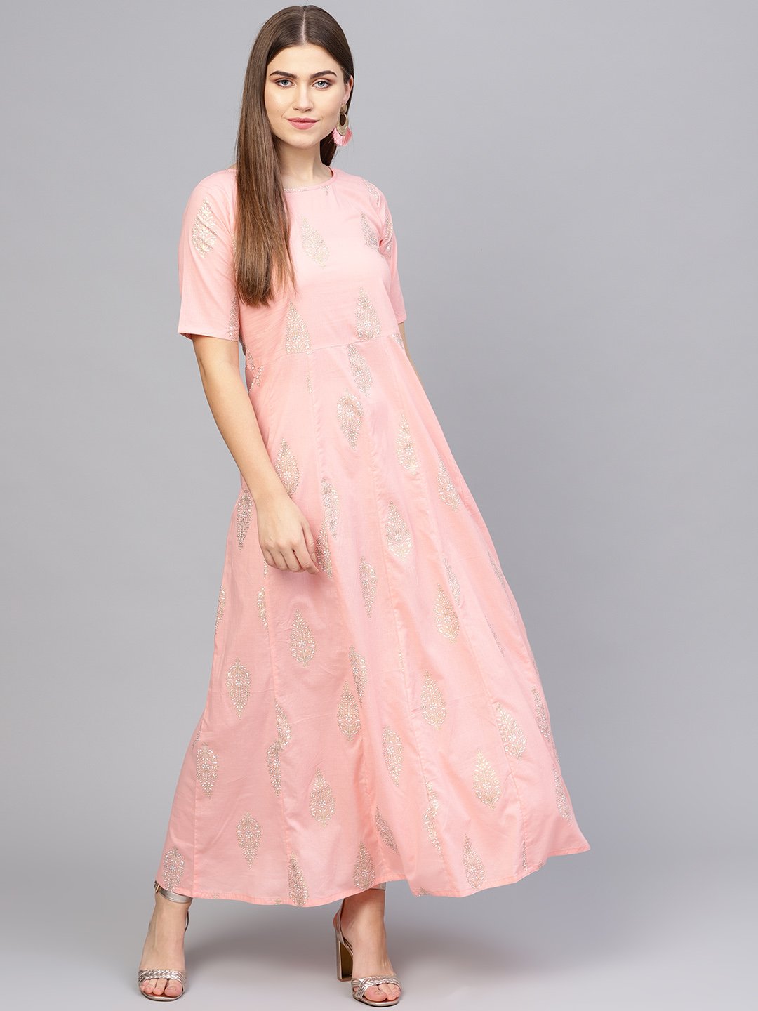 Women Pink & Golden Printed Maxi Dress | NOZ2TOZ - Made In INDIA.