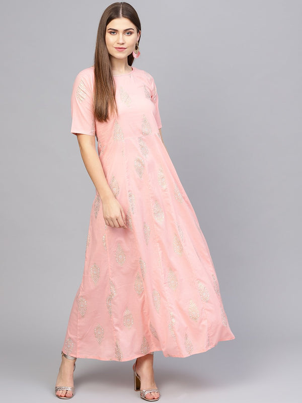 Women Pink & Golden Printed Maxi Dress | NOZ2TOZ - Made In INDIA.