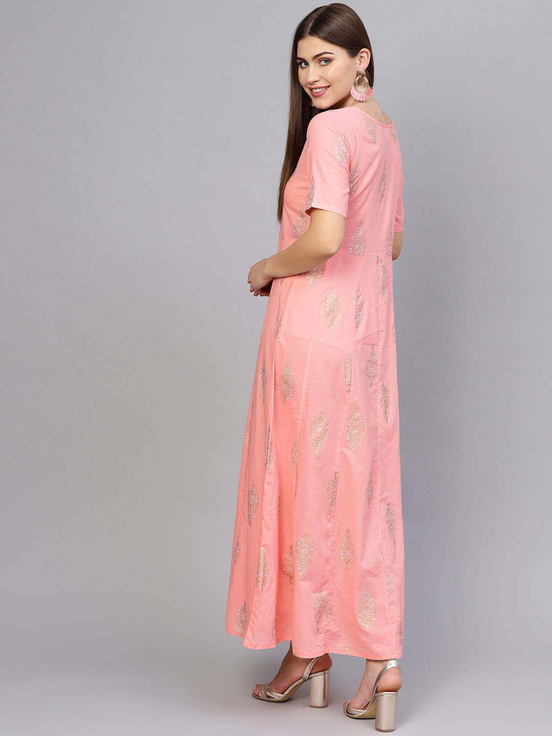 Women Pink & Golden Printed Maxi Dress | NOZ2TOZ - Made In INDIA.