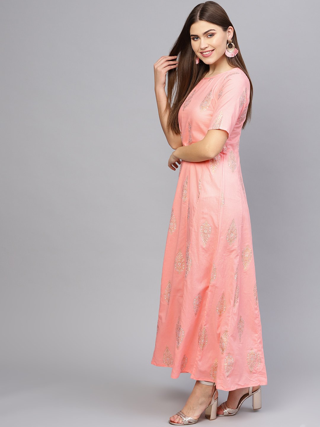 Women Pink & Golden Printed Maxi Dress | NOZ2TOZ - Made In INDIA.