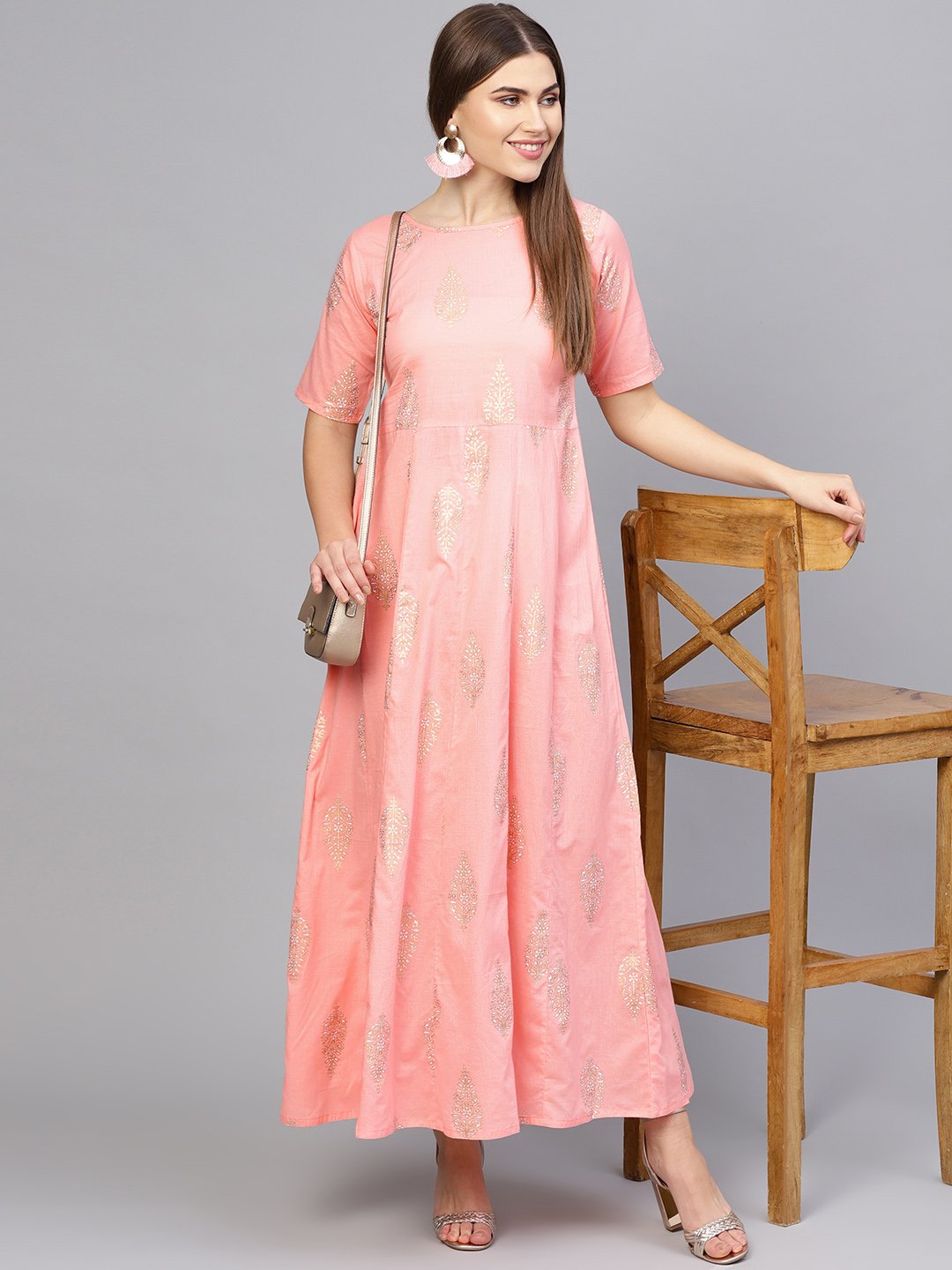 Women Pink & Golden Printed Maxi Dress | NOZ2TOZ - Made In INDIA.