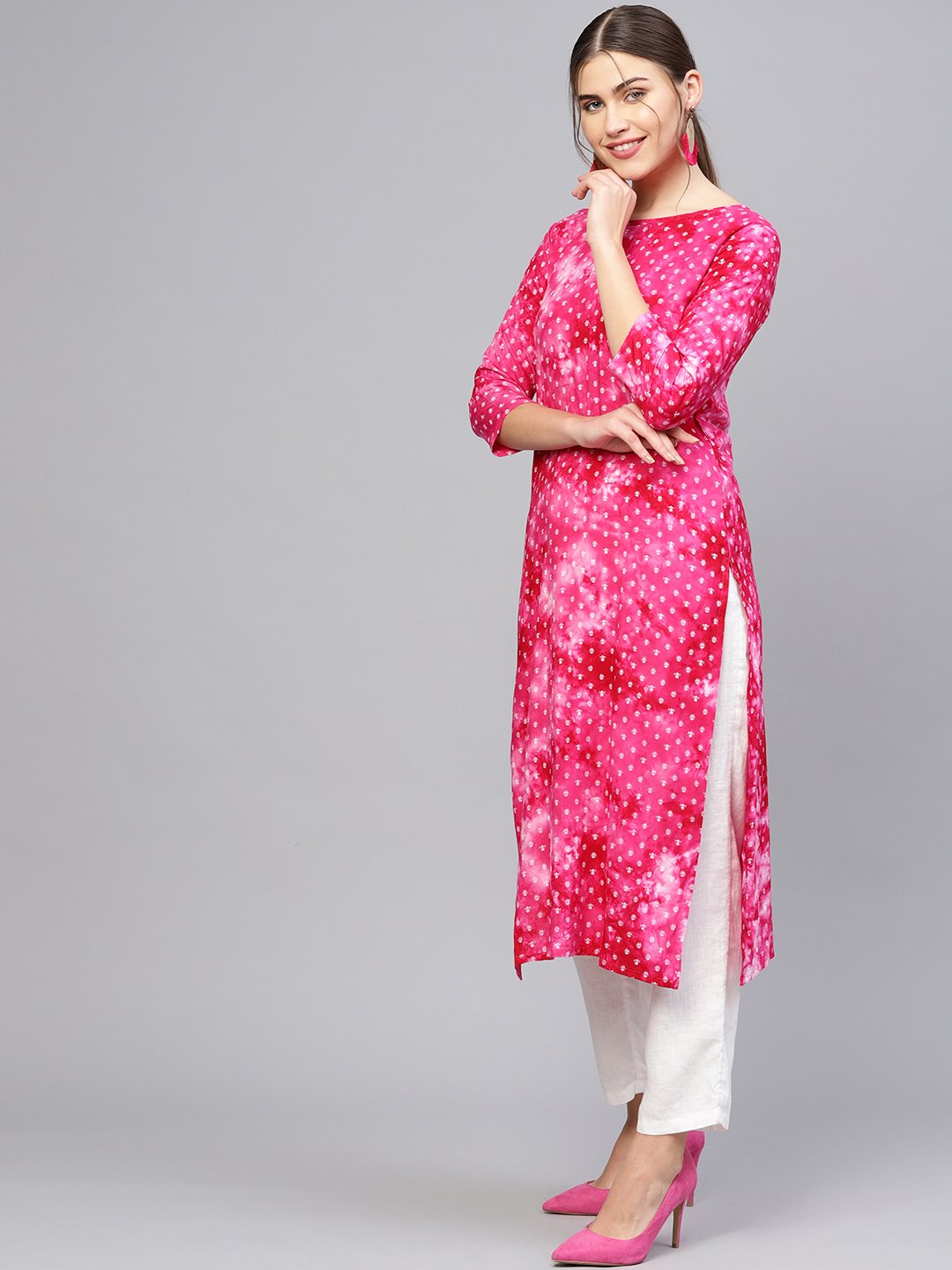 Women Pink & White Printed Straight Kurta | NOZ2TOZ - Made In INDIA.