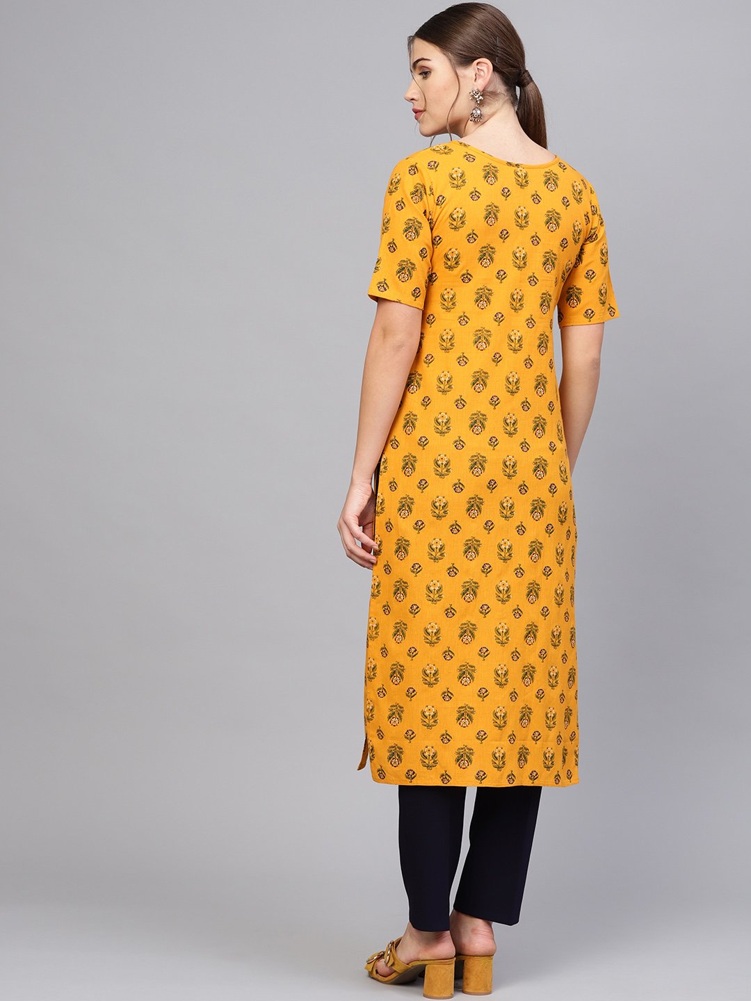 Women Mustard Yellow & Green Printed Straight Kurta | NOZ2TOZ - Made In INDIA.