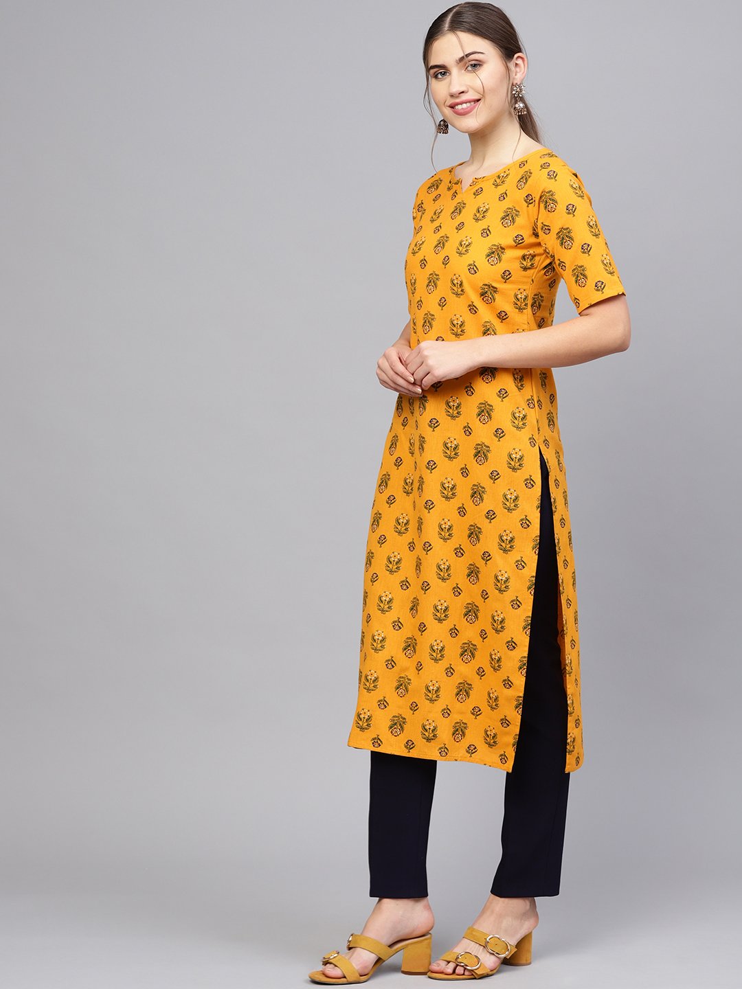 Women Mustard Yellow & Green Printed Straight Kurta | NOZ2TOZ - Made In INDIA.