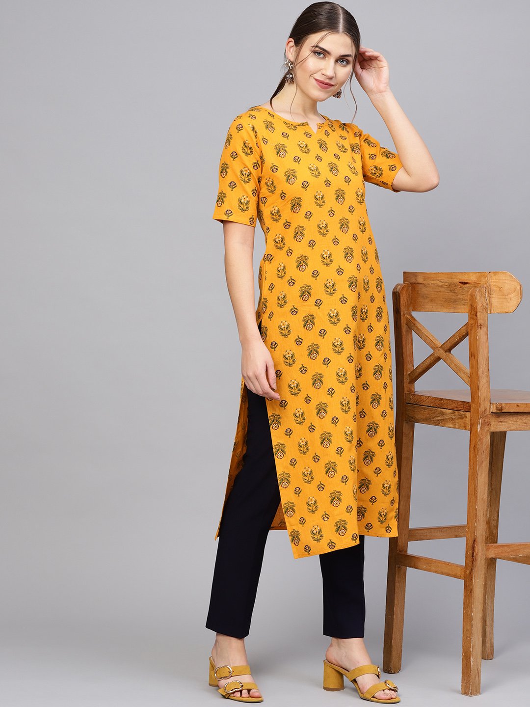 Women Mustard Yellow & Green Printed Straight Kurta | NOZ2TOZ - Made In INDIA.