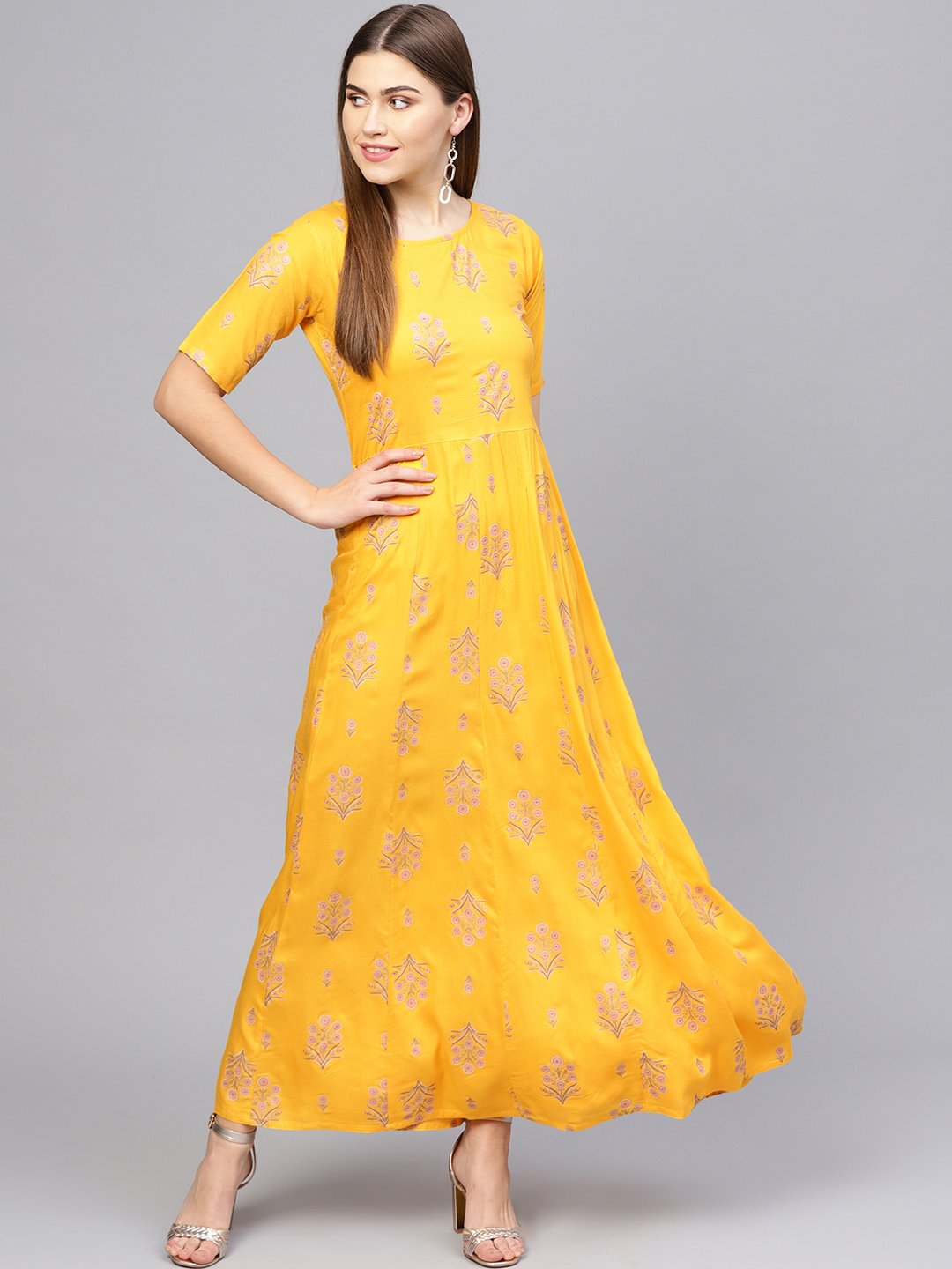 Women Mustard Yellow & Pink Printed Maxi Dress | NOZ2TOZ - Made In INDIA.