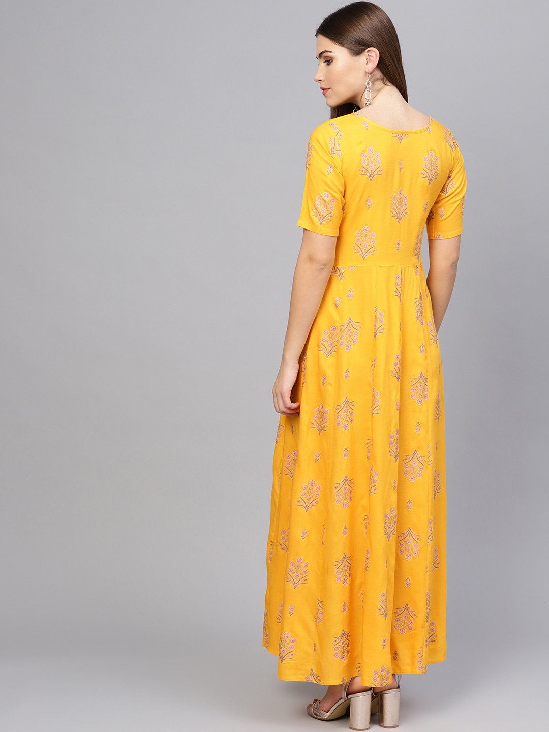 Women Mustard Yellow & Pink Printed Maxi Dress | NOZ2TOZ - Made In INDIA.