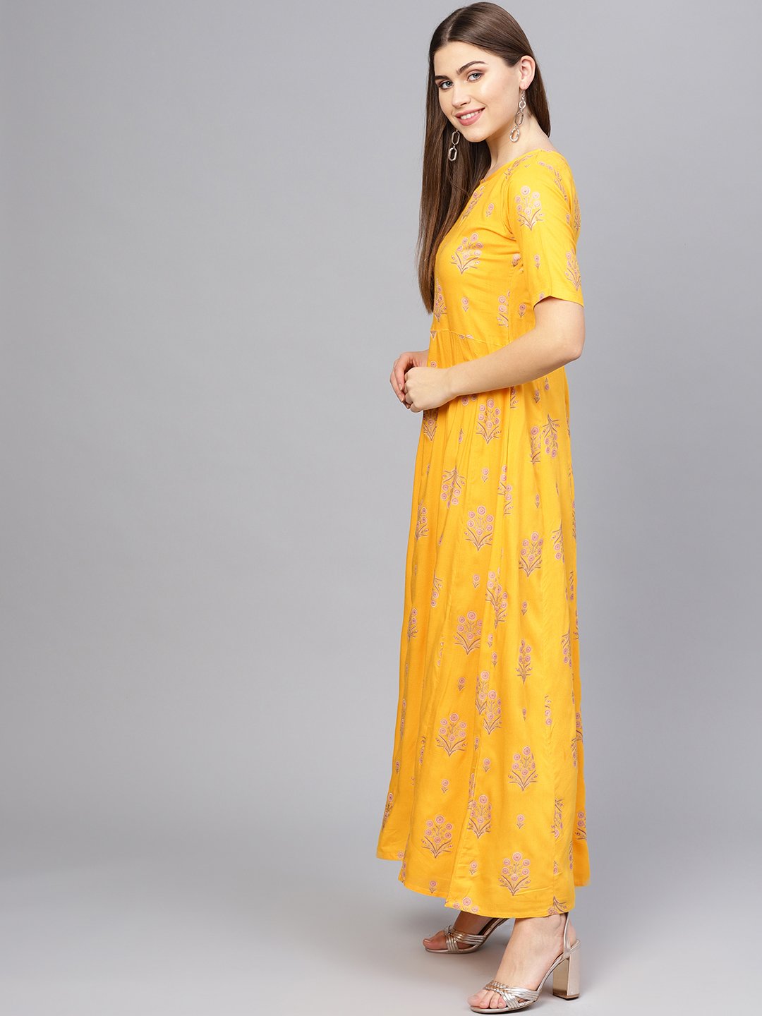 Women Mustard Yellow & Pink Printed Maxi Dress | NOZ2TOZ - Made In INDIA.