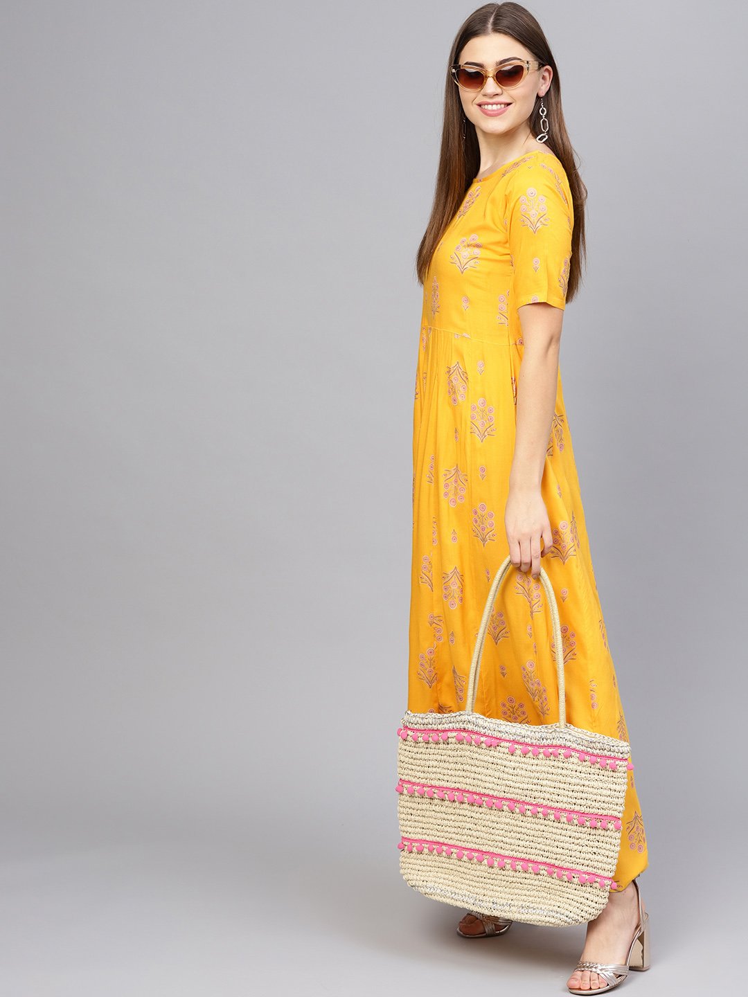 Women Mustard Yellow & Pink Printed Maxi Dress | NOZ2TOZ - Made In INDIA.