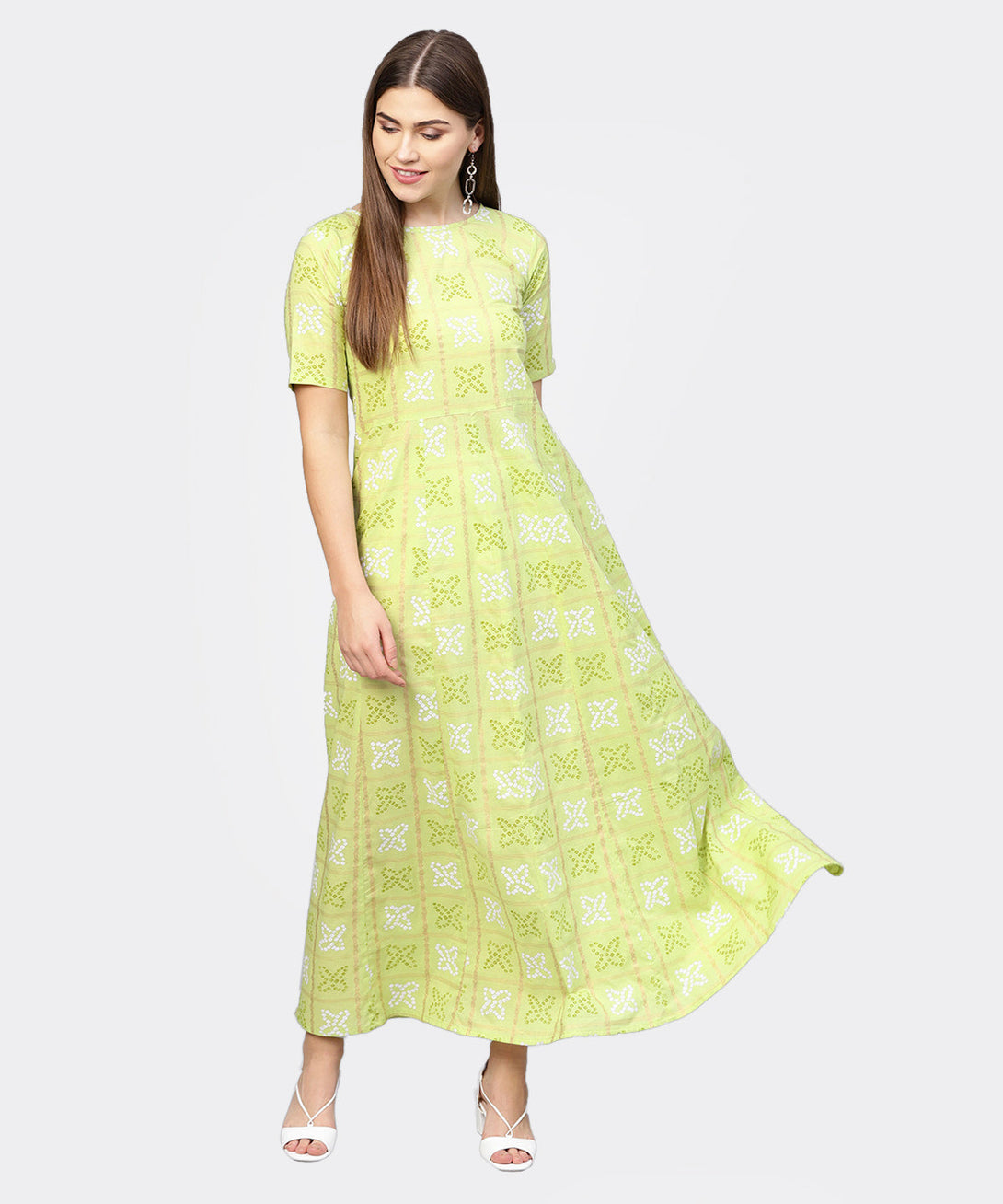 Women Green & Off-White Bandhani Printed Maxi Dress | NOZ2TOZ - Made In INDIA.