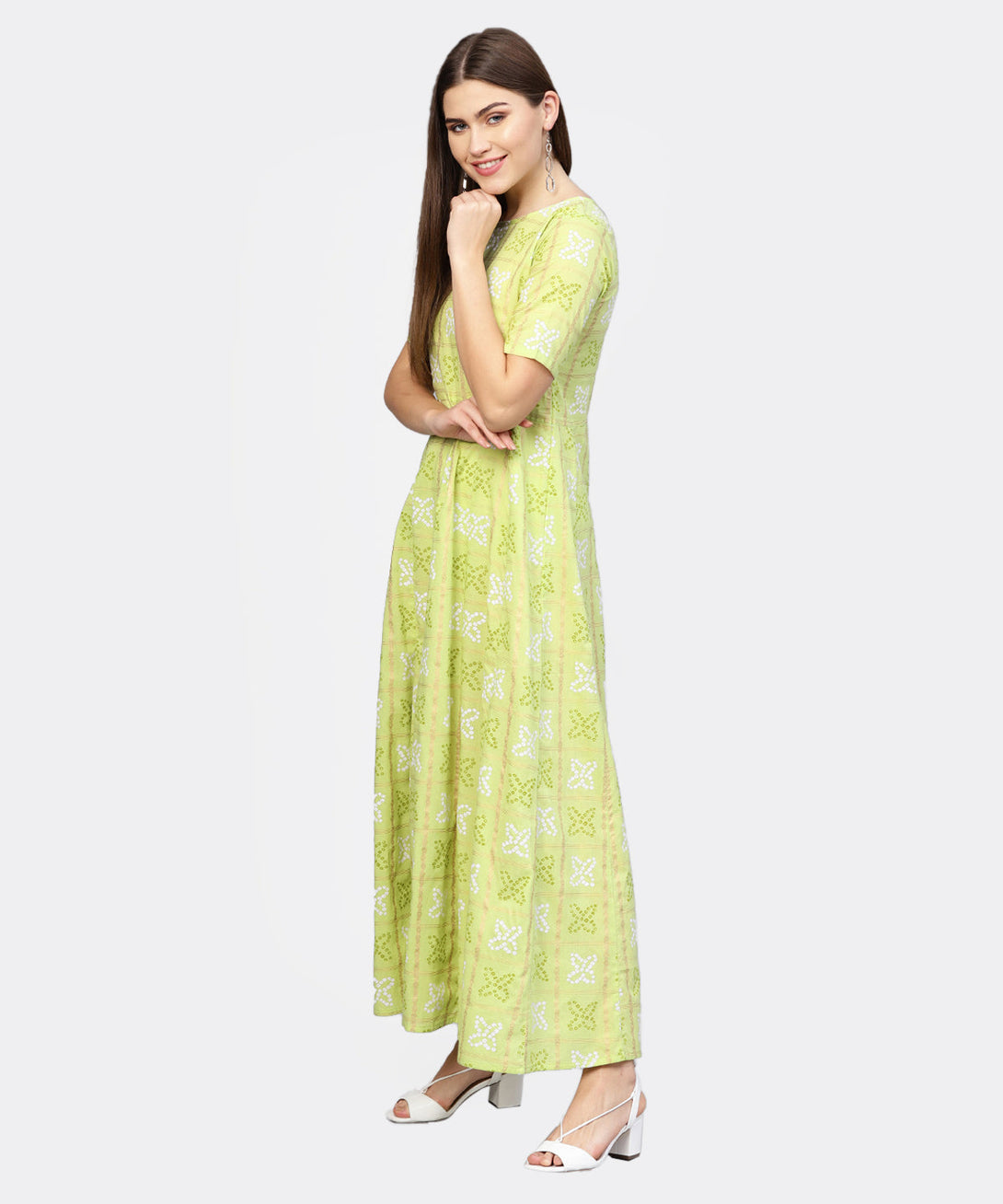 Women Green & Off-White Bandhani Printed Maxi Dress | NOZ2TOZ - Made In INDIA.