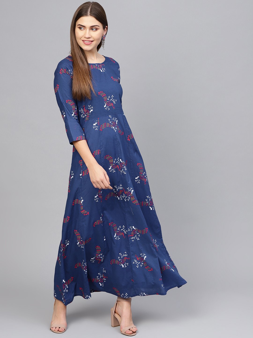 Women Navy Blue & Pink Printed Maxi Dress | NOZ2TOZ - Made In INDIA.