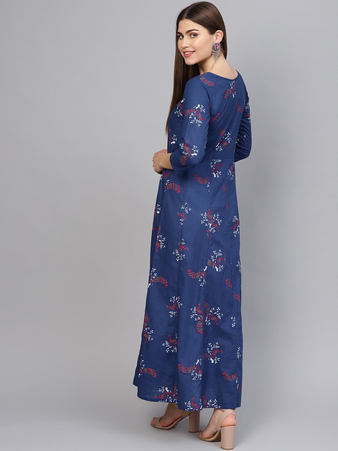 Women Navy Blue & Pink Printed Maxi Dress | NOZ2TOZ - Made In INDIA.