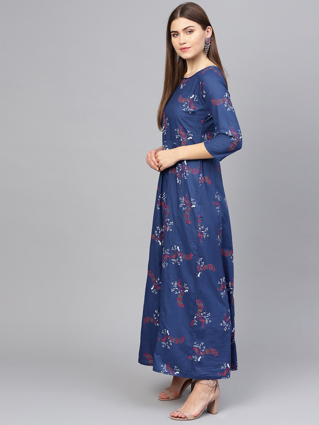 Women Navy Blue & Pink Printed Maxi Dress | NOZ2TOZ - Made In INDIA.