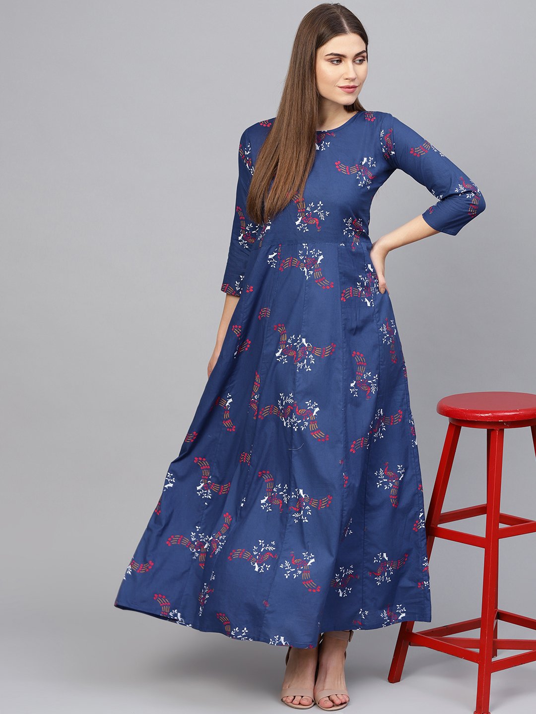 Women Navy Blue & Pink Printed Maxi Dress | NOZ2TOZ - Made In INDIA.