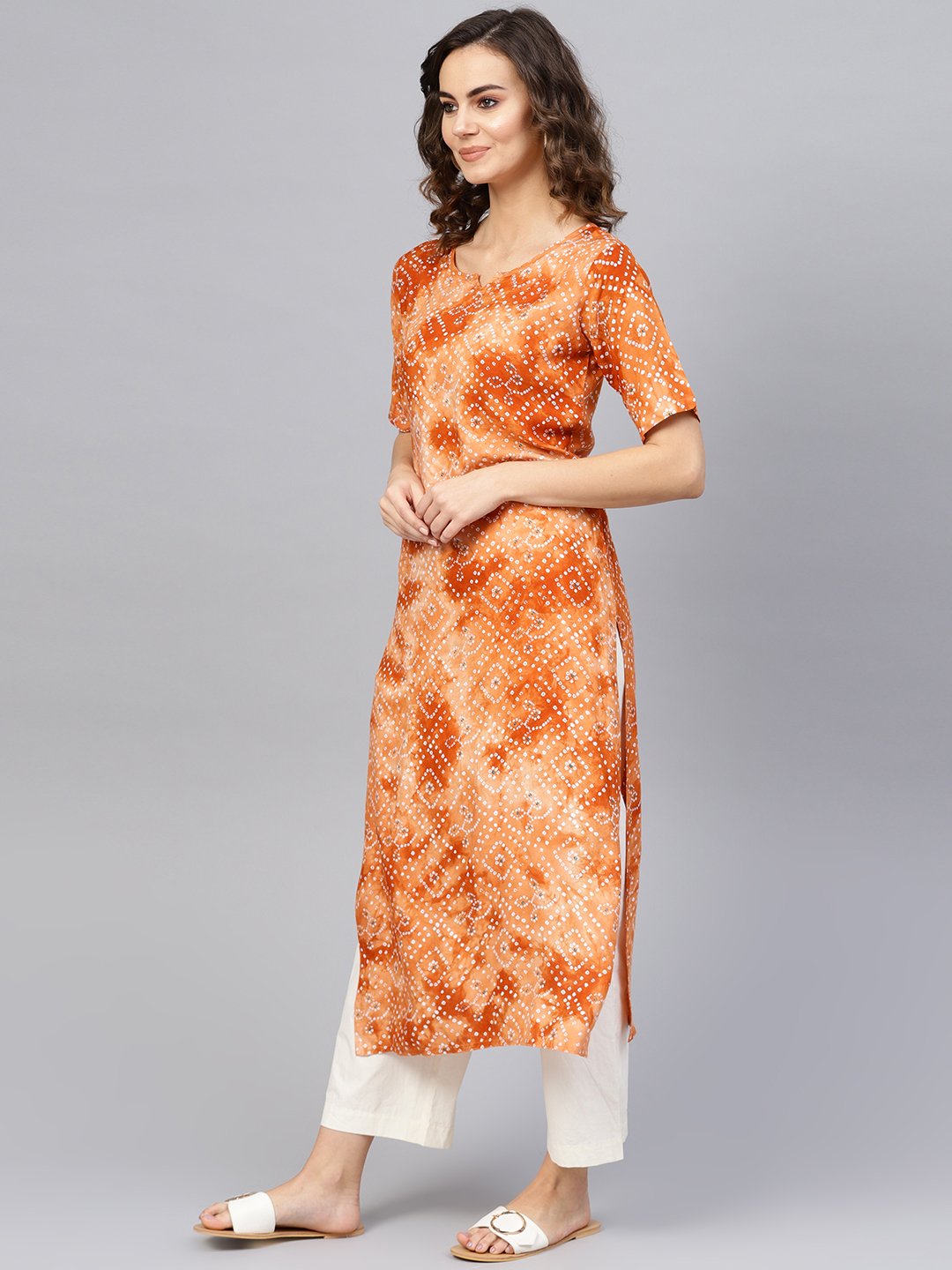 Women Rust Orange & White Bandhani Printed Straight Kurta | NOZ2TOZ - Made In INDIA.