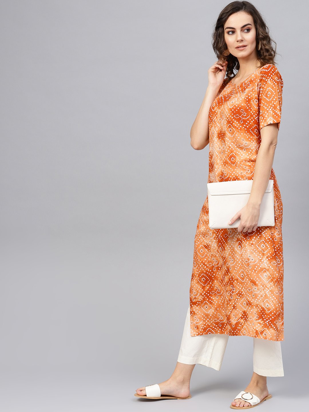 Women Rust Orange & White Bandhani Printed Straight Kurta | NOZ2TOZ - Made In INDIA.