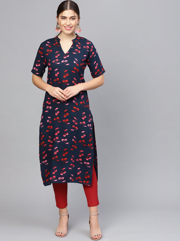 Women Navy Blue & Pink Printed Straight Kurta | NOZ2TOZ - Made In INDIA.