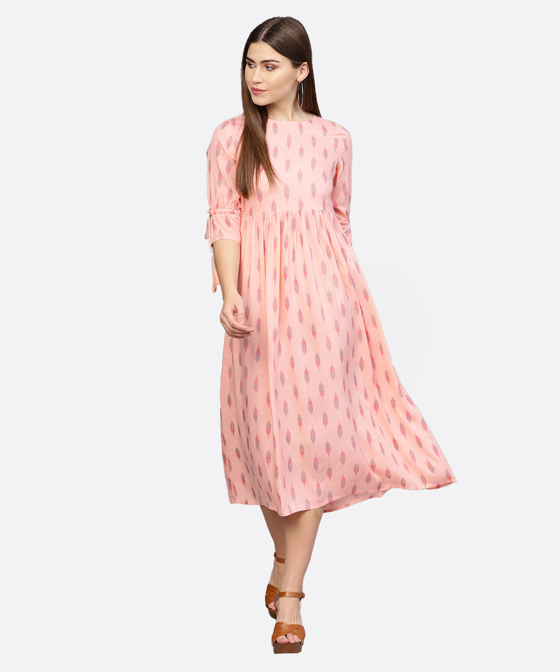 Women Peach-Coloured Printed A-Line  Dress | NOZ2TOZ - Made In INDIA.