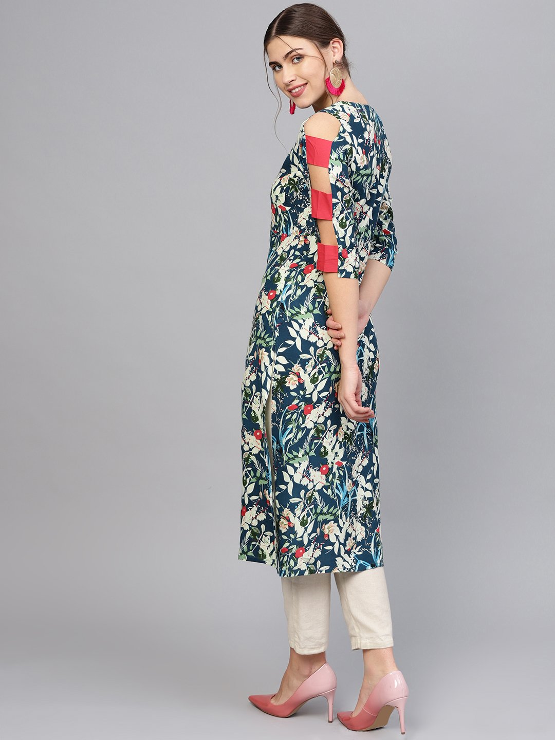 Women Navy Blue & Green Printed Straight Kurta | NOZ2TOZ - Made In INDIA.