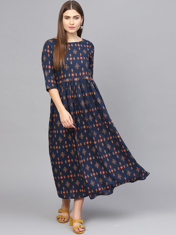 Women Navy Blue & Beige Printed Maxi Dress | NOZ2TOZ - Made In INDIA.