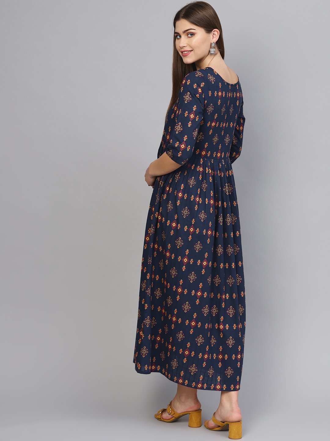 Women Navy Blue & Beige Printed Maxi Dress | NOZ2TOZ - Made In INDIA.