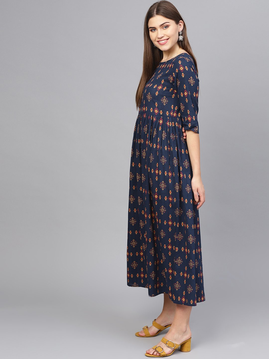 Women Navy Blue & Beige Printed Maxi Dress | NOZ2TOZ - Made In INDIA.