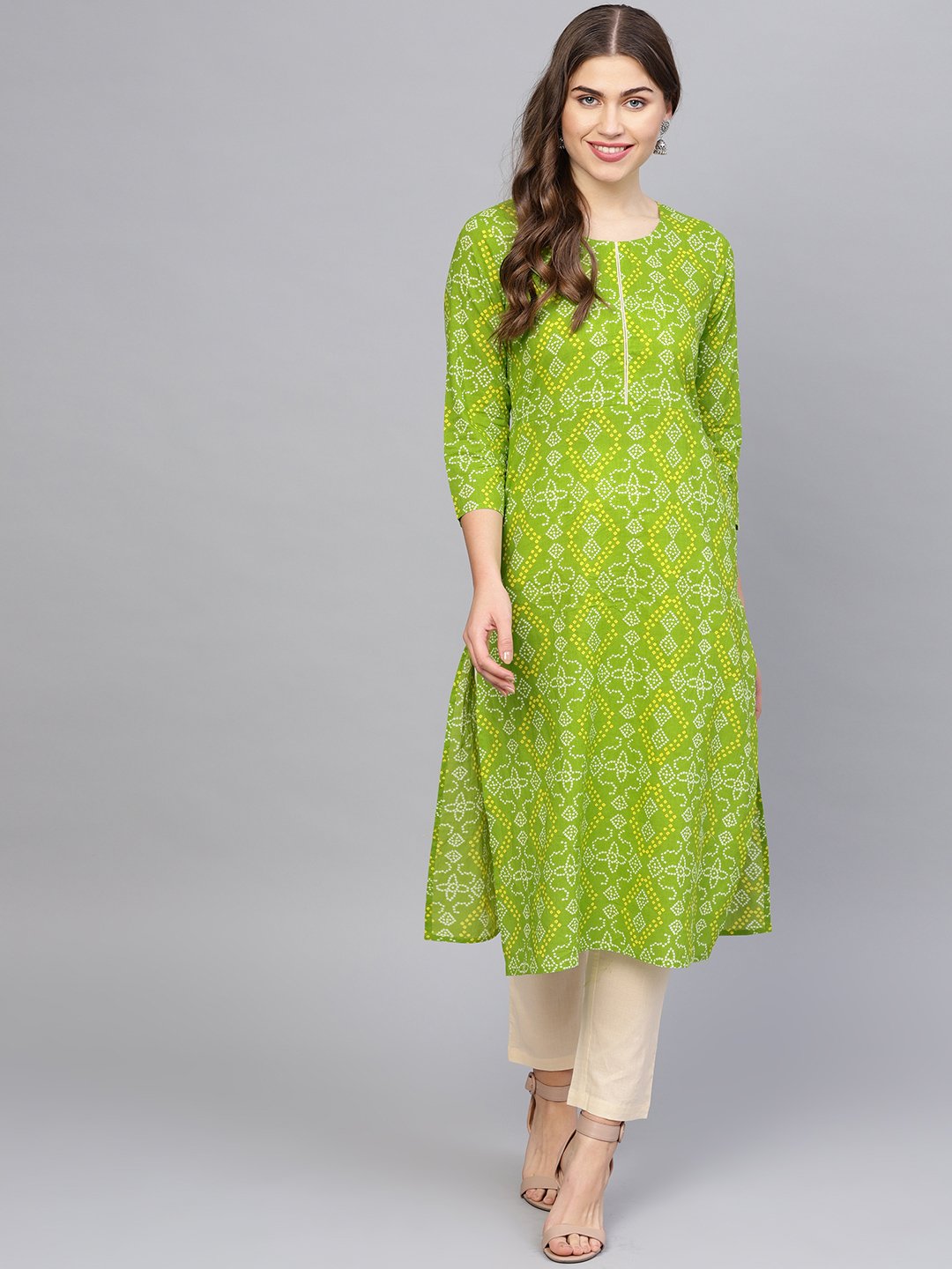 Women Green & Cream-Coloured Printed Kurta with Trousers | NOZ2TOZ - Made In INDIA.