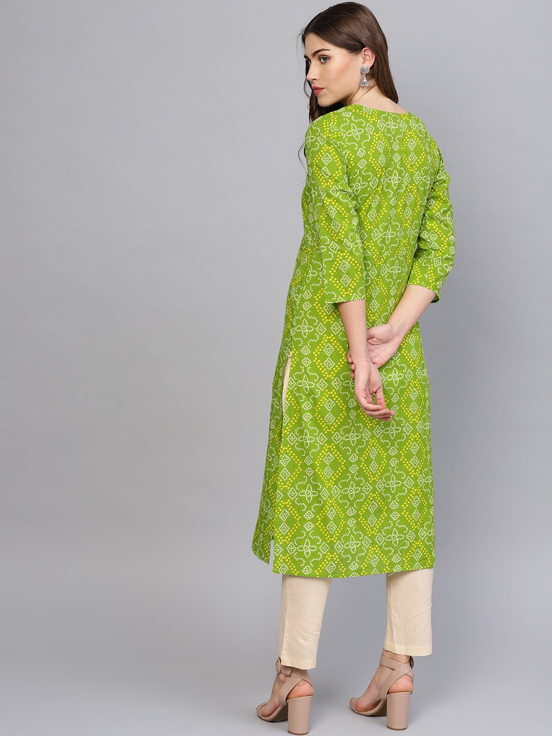 Women Green & Cream-Coloured Printed Kurta with Trousers | NOZ2TOZ - Made In INDIA.