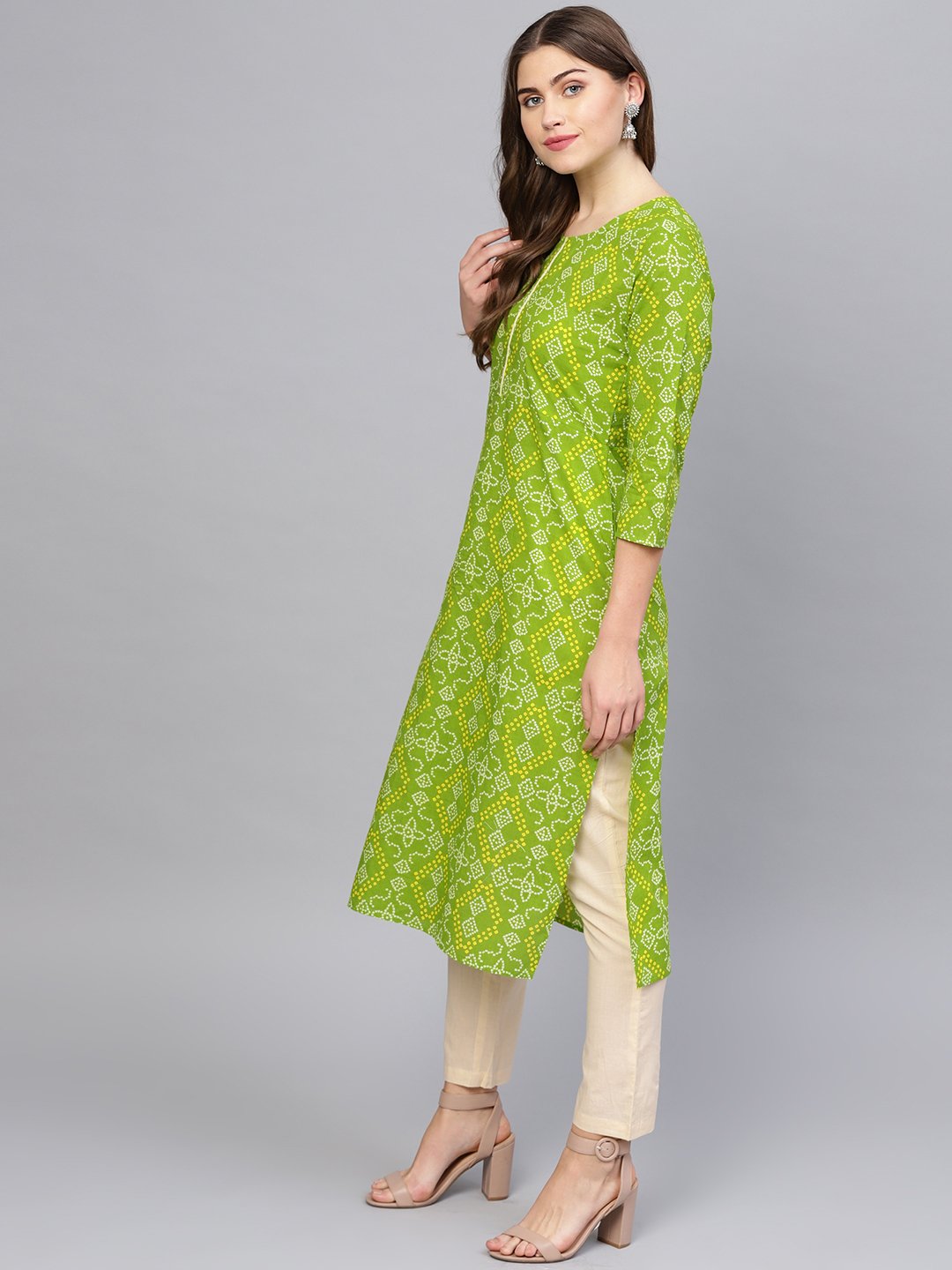 Women Green & Cream-Coloured Printed Kurta with Trousers | NOZ2TOZ - Made In INDIA.