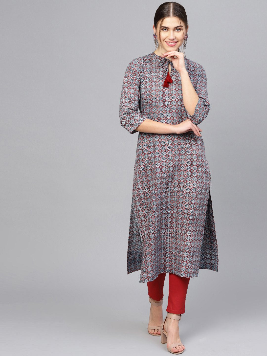 Women Navy Blue & Maroon Printed Straight Kurta | NOZ2TOZ - Made In INDIA.