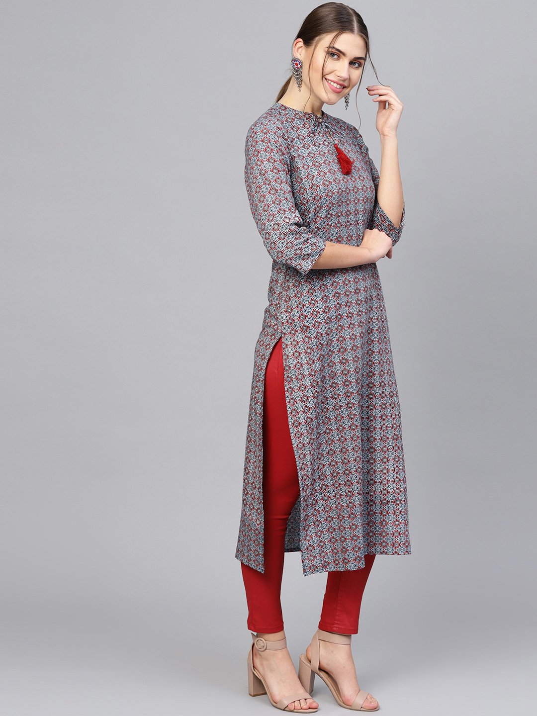 Women Navy Blue & Maroon Printed Straight Kurta | NOZ2TOZ - Made In INDIA.