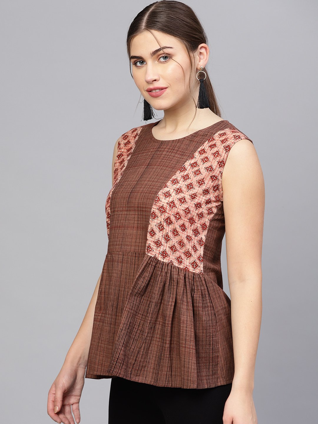 Women Brown Printed A-Line Top | NOZ2TOZ - Made In INDIA.