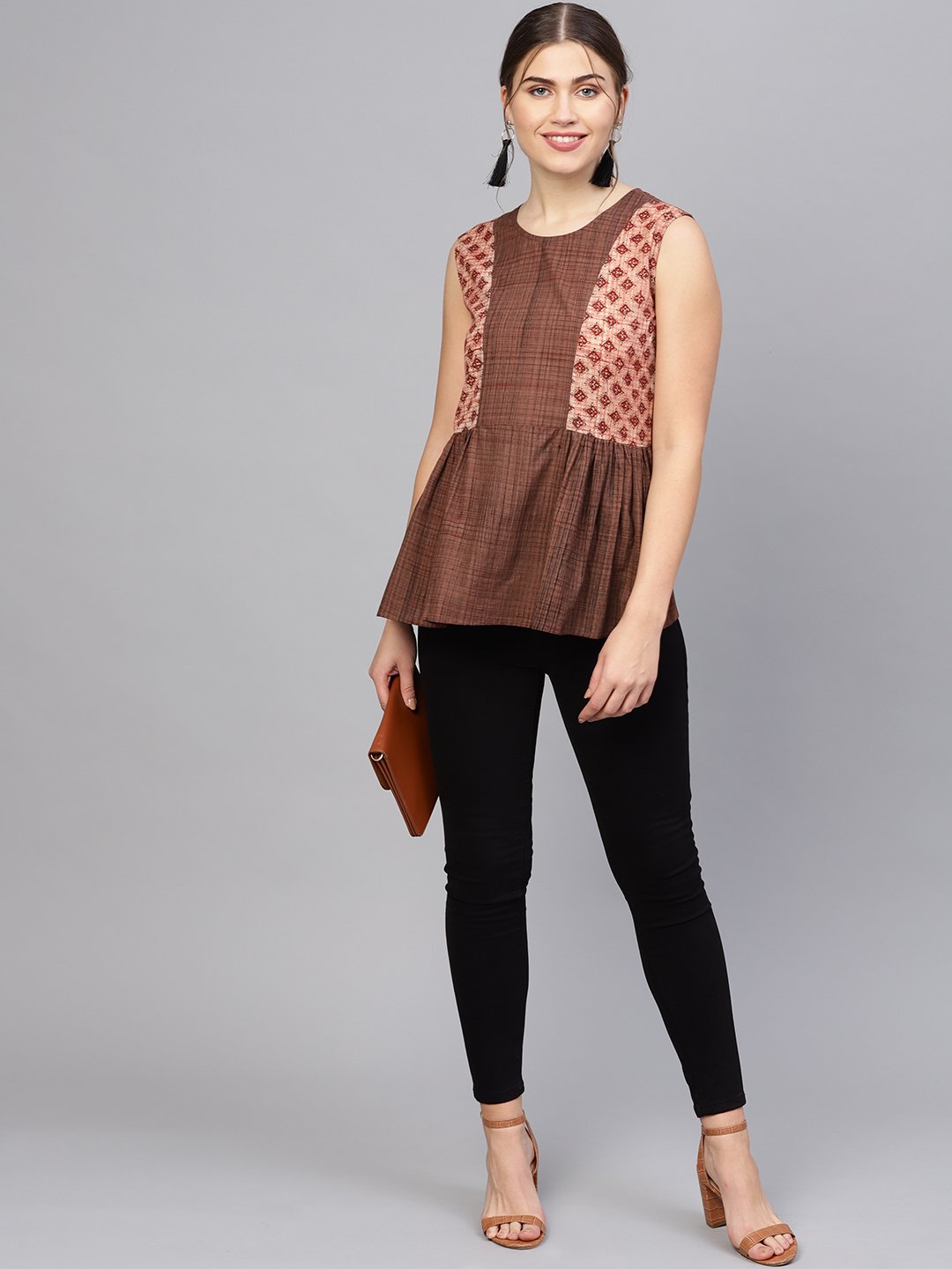 Women Brown Printed A-Line Top | NOZ2TOZ - Made In INDIA.