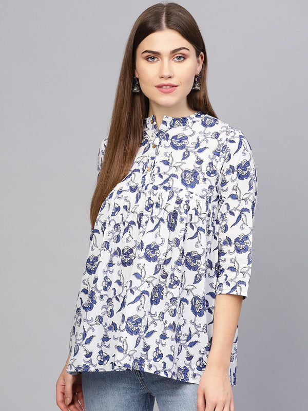 Women Off-White & Blue Printed A-line tunic | NOZ2TOZ - Made In INDIA.