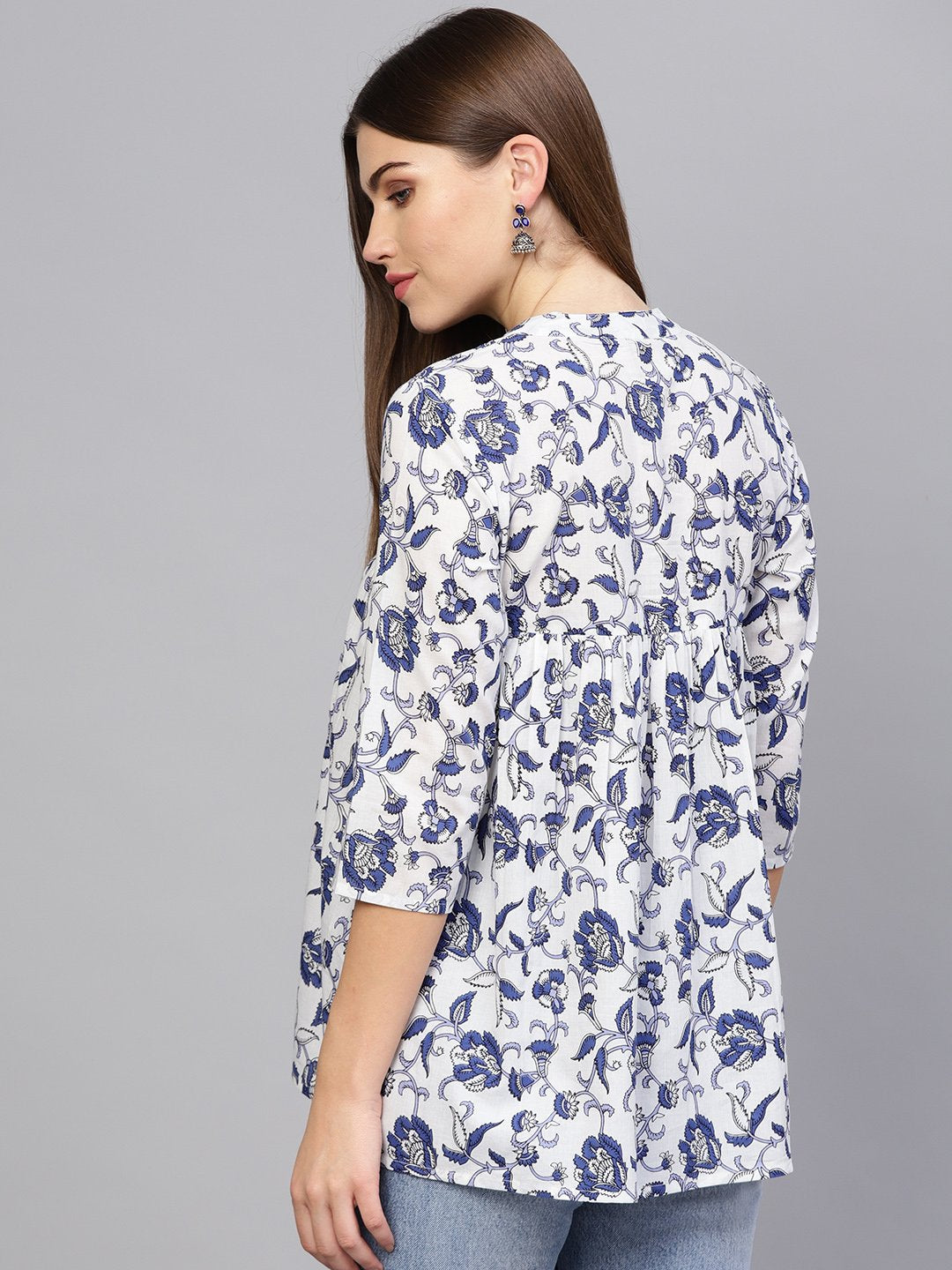 Women Off-White & Blue Printed A-line tunic | NOZ2TOZ - Made In INDIA.