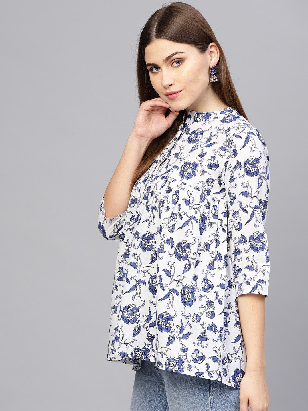 Women Off-White & Blue Printed A-line tunic | NOZ2TOZ - Made In INDIA.