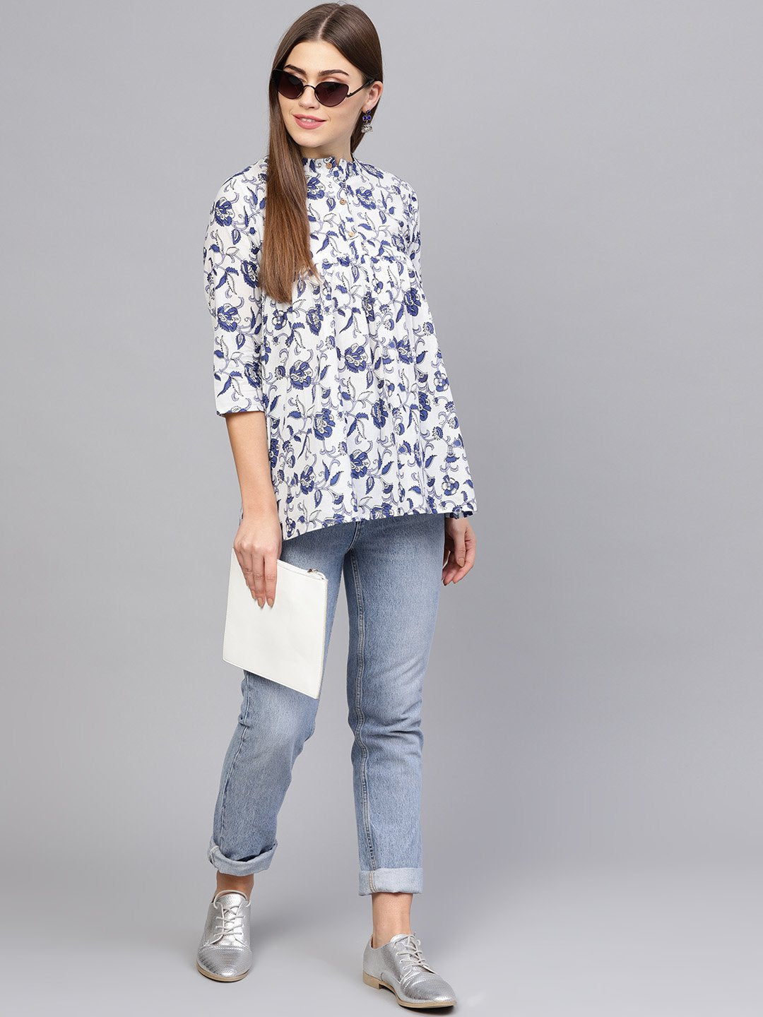 Women Off-White & Blue Printed A-line tunic | NOZ2TOZ - Made In INDIA.