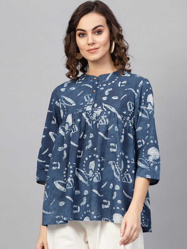 Women Blue & Off-White Printed Tunic | NOZ2TOZ - Made In INDIA.