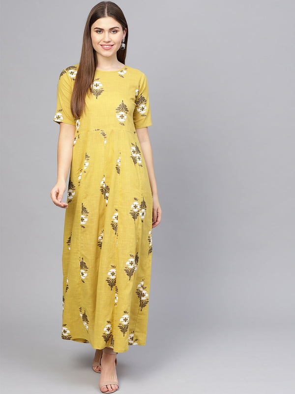 Women Yellow & Off-White Printed Maxi Dress | NOZ2TOZ - Made In INDIA.