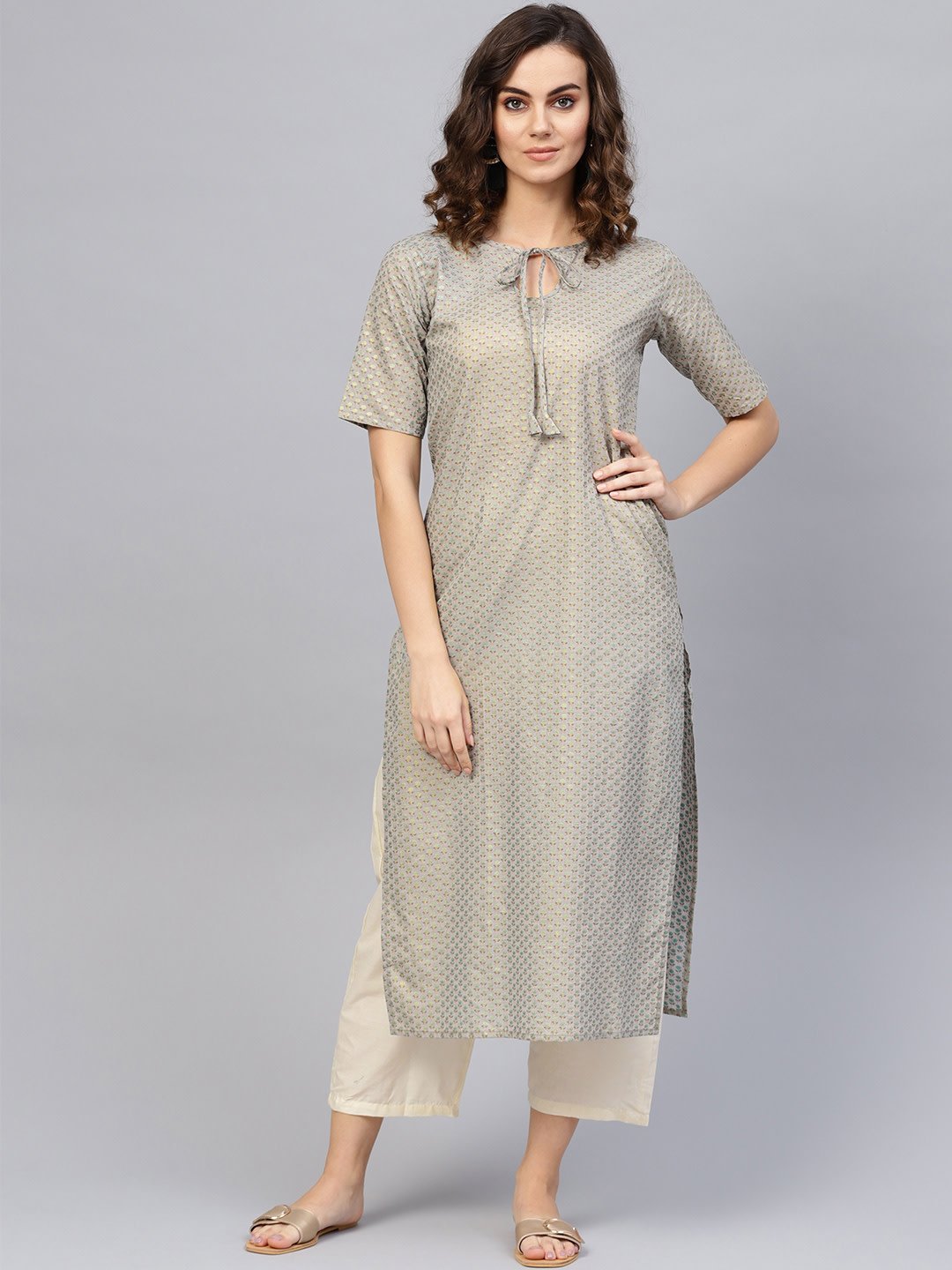 Women Grey Short Sleeves Keyhole Neck Straight Pure Cotton Kurta and Trousers Set | NOZ2TOZ - Made In INDIA.