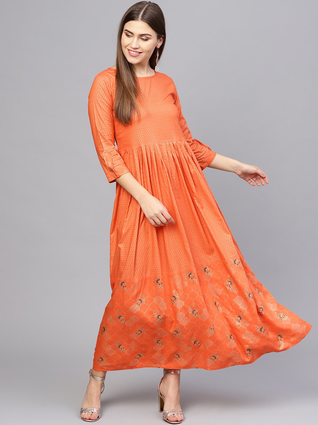 Women Orange & Golden Printed Maxi Dress | NOZ2TOZ - Made In INDIA.