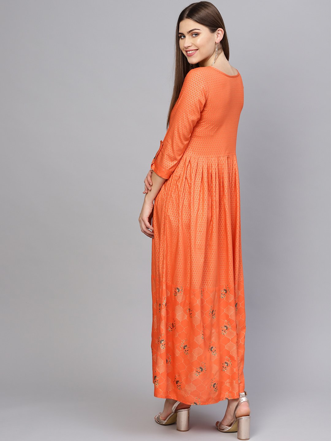 Women Orange & Golden Printed Maxi Dress | NOZ2TOZ - Made In INDIA.