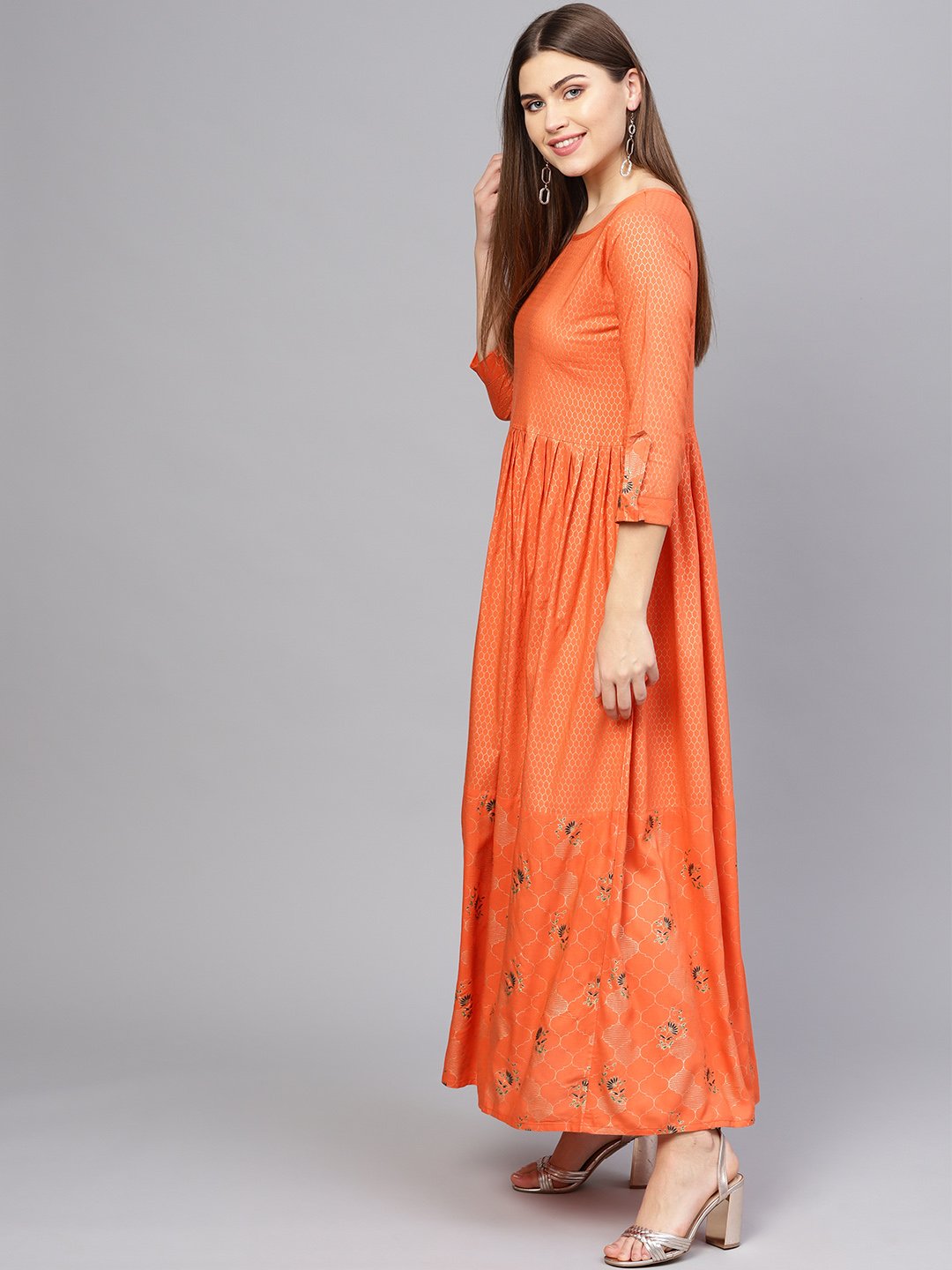 Women Orange & Golden Printed Maxi Dress | NOZ2TOZ - Made In INDIA.