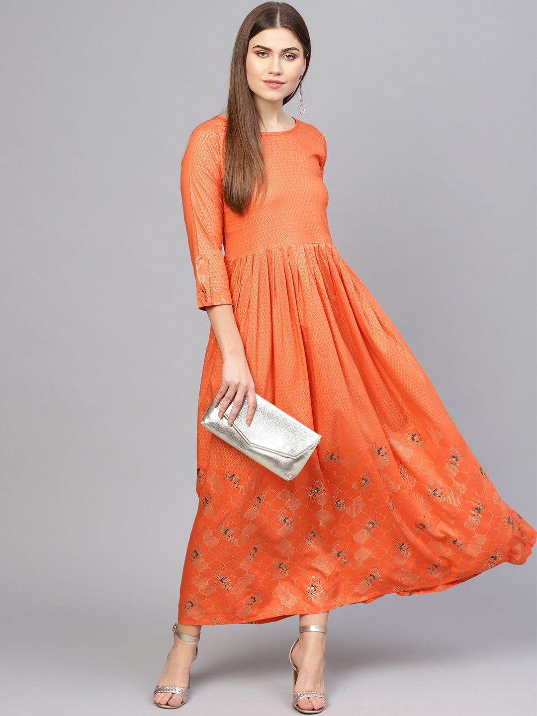 Women Orange & Golden Printed Maxi Dress | NOZ2TOZ - Made In INDIA.