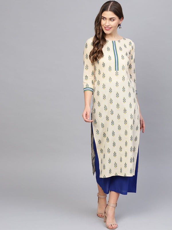 Women Cream-Coloured & Blue Printed Kurta with Palazzos | NOZ2TOZ - Made In INDIA.