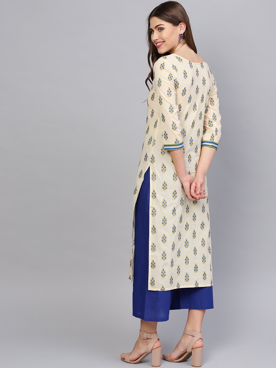 Women Cream-Coloured & Blue Printed Kurta with Palazzos | NOZ2TOZ - Made In INDIA.