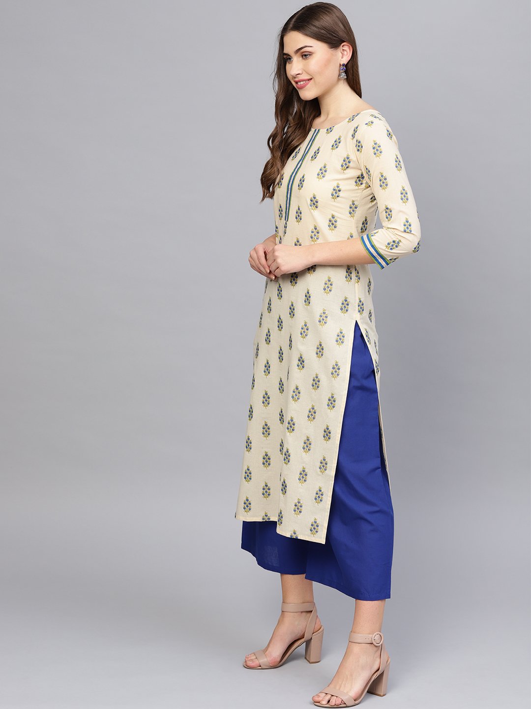 Women Cream-Coloured & Blue Printed Kurta with Palazzos | NOZ2TOZ - Made In INDIA.